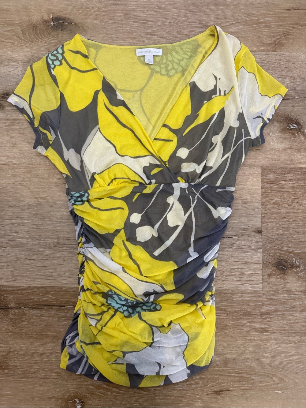 Y2K New York & Company Yellow Floral Ruched Surplice Neck Top